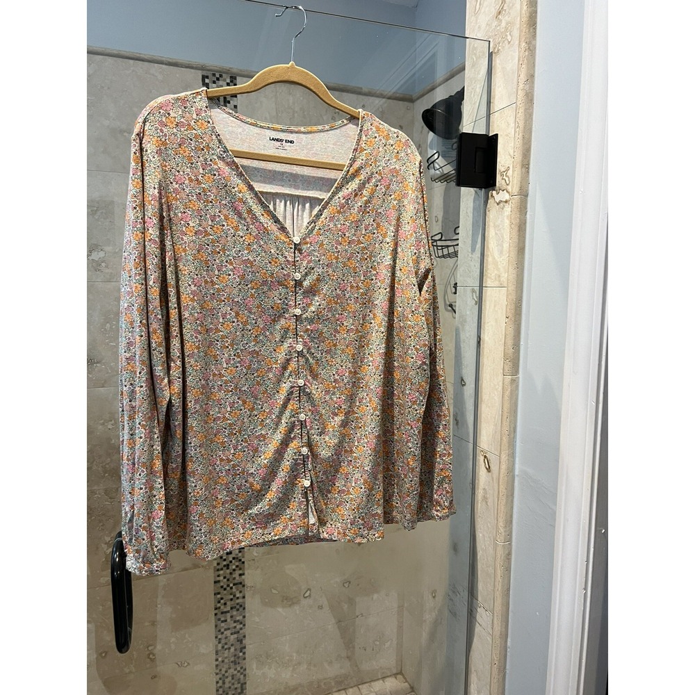Lands End Women 1X 16-18 Relaxed Floral Blouse Blush Orange V-Neck Long Sleeve